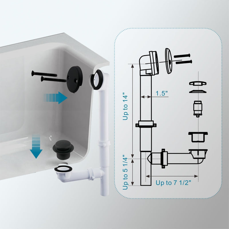 Black Tubular Tub Drain Kit with Welsan Tip-Toe Bathtub Drain Stopper, Touch-Toe Bath Plug Waste and Overflow Face Plate, 1-1/2" PVC Plastic Pipe (Matte Black)