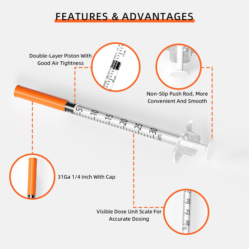 100 Pack U-100 0.3ml Lab Syringe, 31G 1/4 Inch (0,25 x 6mm) Disposable Syringes Supplies, Individually Wrapped 0.3ml 31G 1/4" 100.0