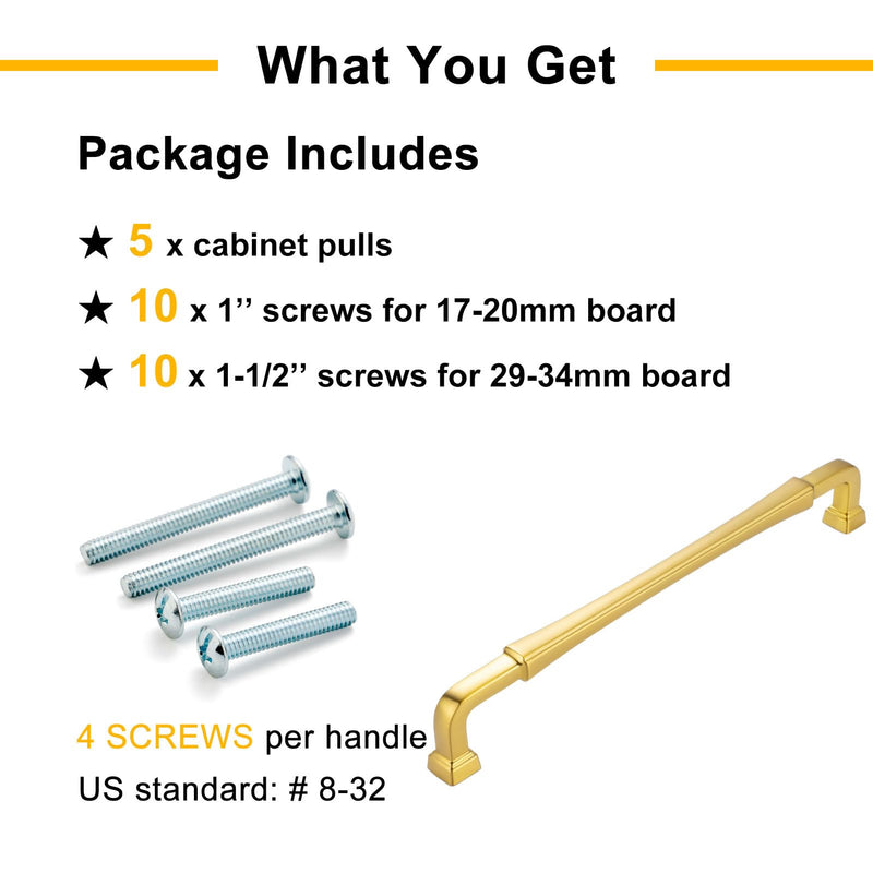 5 Pack 7-1/2 Inch Brushed Gold Cabinet Pulls Gold Cabinet Handles Gold Drawer Pulls 3175 Cabinet Hardware for Kitchen Cabinets Drawers Bedroom Dresser Bathroom Vanity 7-1/2 In Hole Distance 5