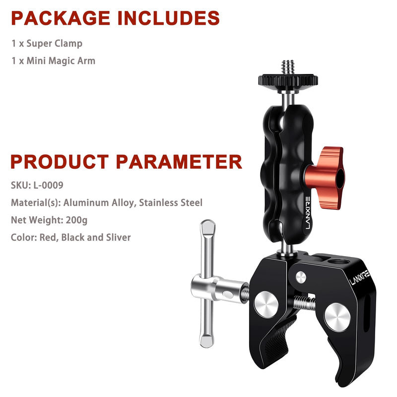 Super Clamp Camera Mount with Double Ball Head Adapter - Compatible with Canon Nikon DSLR, Gopro, LED Lights, Ronin-M/MX, Freefly MOVI - 360° Rotation - 1/4"-20 & 3/8"-16 Threaded Holes