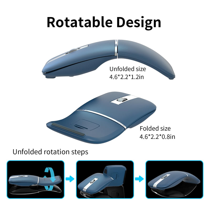 Bluetooth Arc Travel Mouse - BT & USB Wireless Dual Mode, Rechargeable | Slim Rotatable Portable, 3-Speed DPI, Silent Computer Mice for Microsoft Laptop PC MacBook Chromebook Tablet - Sapphire Blue