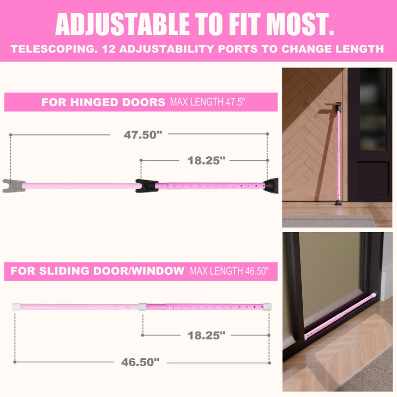 SECURITYMAN 3-in-1 Door Security Bar, Security Door Stoppers & Door Barricade – Heavy Duty Adjustable Iron Security Lock Bar for Home Defense, Apartment & Travel Safety (1 Pack - Pink) 1 Pack