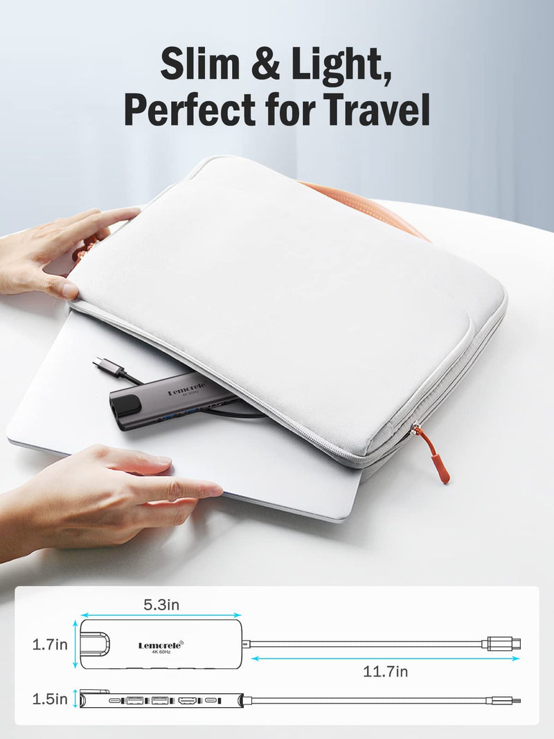 Lemorele USB-C Hub 6-in-1 with 4K@60Hz HDMI, Gigabit Ethernet,100W Power Delivery, USB-C and 2 USB-A 5 Gbps Data Ports for MacBook Air/Pro, Dell, Hp, XPS, and More Grey- 6 in 1
