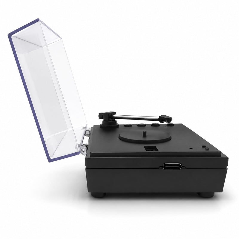 Mini Record Player with Voice Recording, 4 Discs, Auto-Spinning Desk Decor | Includes 3 music discs and 1 blank disc. All 4 discs record. Recording over music erases it permanently. Black