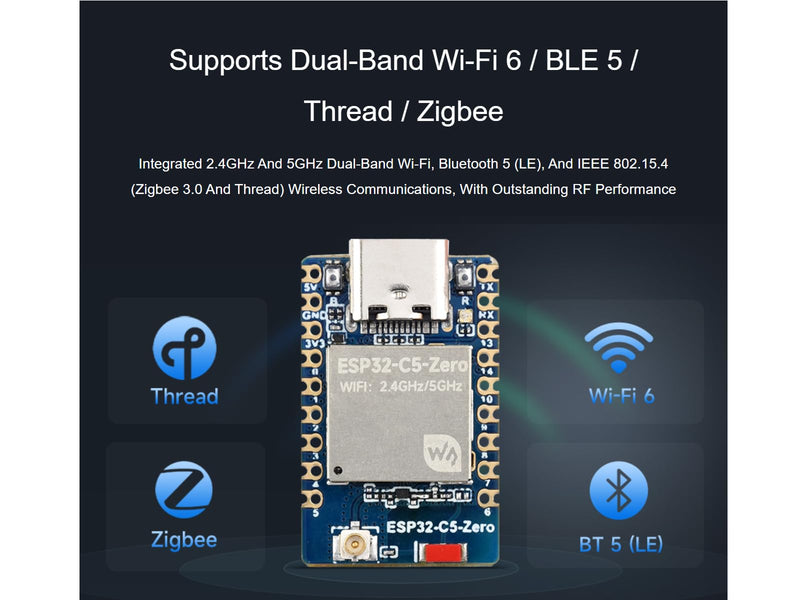 waveshare ESP32-C5 Mini 2.4GHz/5GHz Dual-Band Wi-Fi Development Board Based on ESP32-C5-HF4，Integrated Bluetooth 5 (LE),IEEE 802.15.4 (Zigbee 3.0 and Thread) Wireless Communications