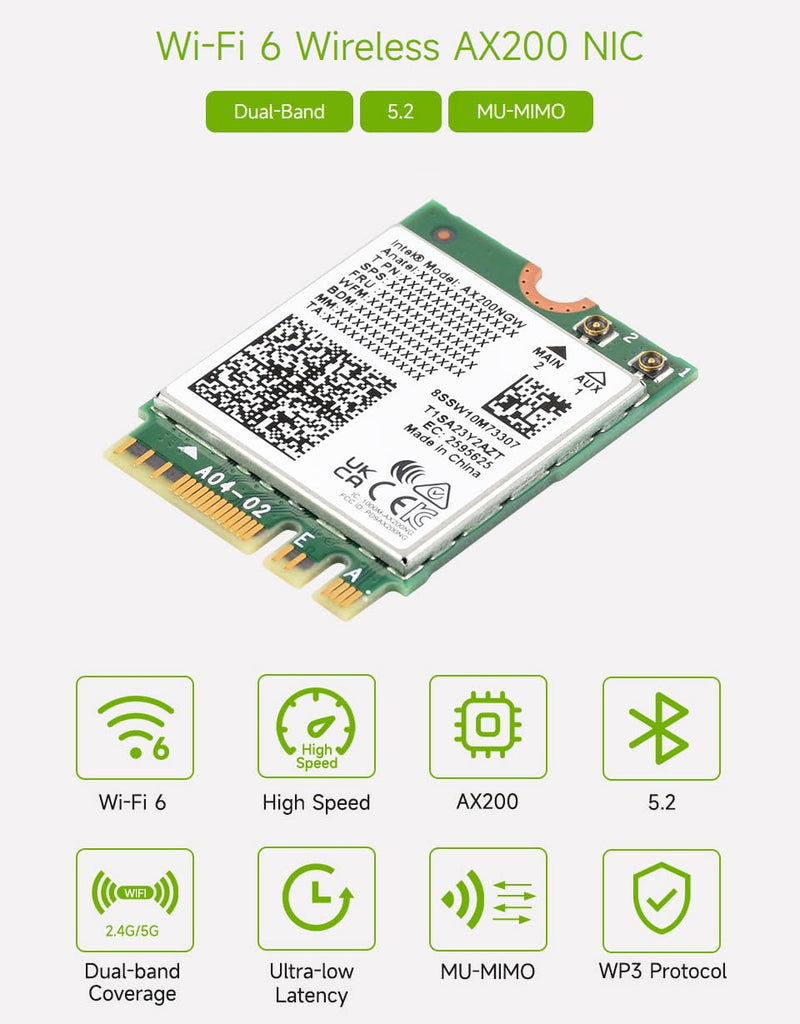 Waveshare Wireless AX200 NIC, Gigabit Dual-Band Wi-Fi 6, 802.11AX Standard Wireless-AX200
