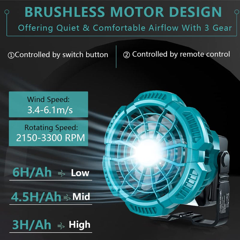 Fan for Makita 14.4V-18V Li-Ion Battery, Portable Camping Fan with Remote, 3 Speed Brightness, 4H Timer, Foldable Hook Rechargeable Cordless Jobsite Small Personal Fan