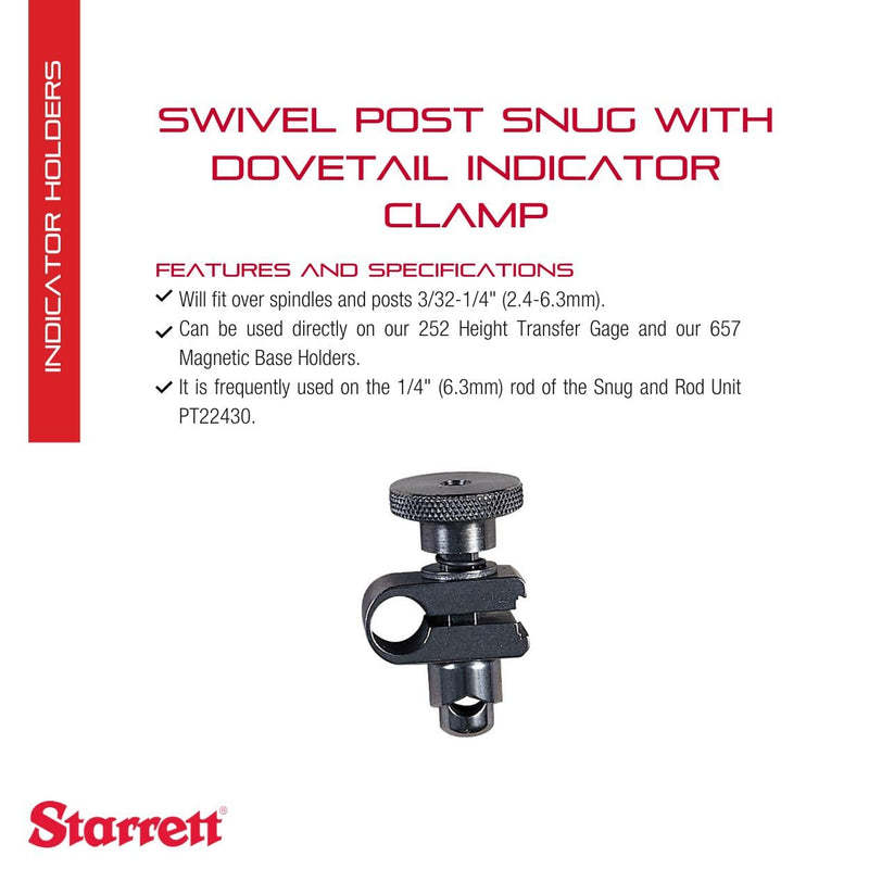 Starrett Precision Swivel Post Snug with Dovetail Clamp - Compatible with Test Indicators for Accurate Measurements in Industrial Applications - PT22428
