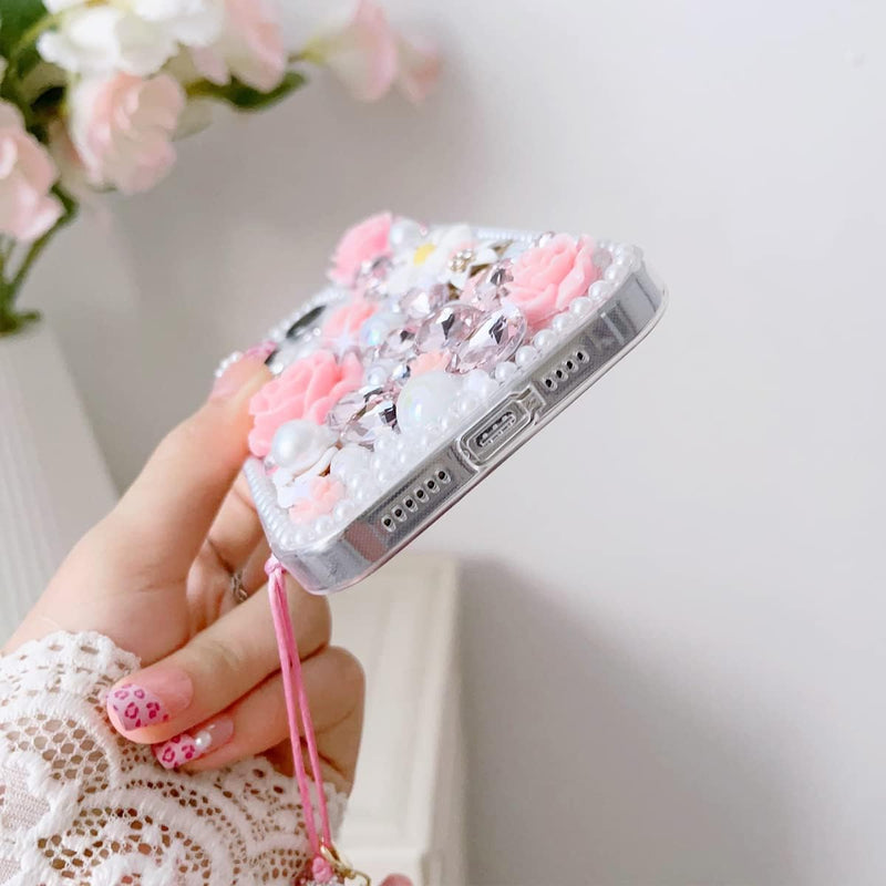 Bling Diamond Case for Samsung Galaxy A37 5G with Pearl Bracelet Strap Cover,Pink 3D Sparkly Shiny Crystal Rhinestones Flower Girly Shockproof Phone Case with Lanyard Pink