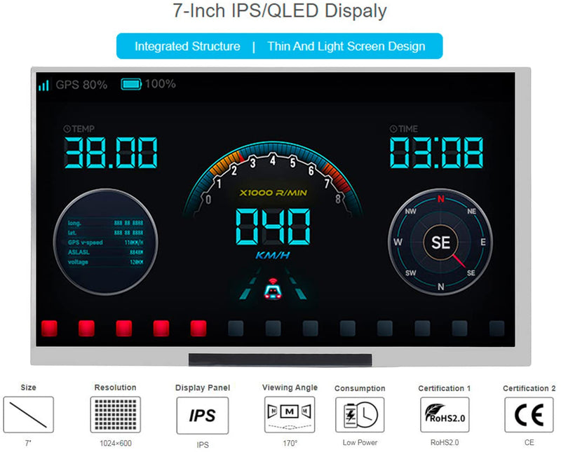 7inch IPS Display 1024x600 Pixel, Integrated Thin and Light LCD with Adapter Board, for Raspberry Pi/Jetson Nano/Windows/PC, Support Windows/Linux/Android (No Touch Screen)