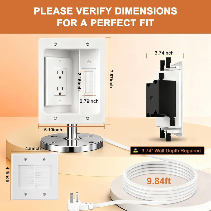 in Wall Cable Management Kit with Recessed Tv Outlet Box-Two-Hole Socket, 9ft Cord,Tv Cable Hider Wall Kit Hider Box Fits All Plugs, Easy, Safe Cable Management Full Management Kit