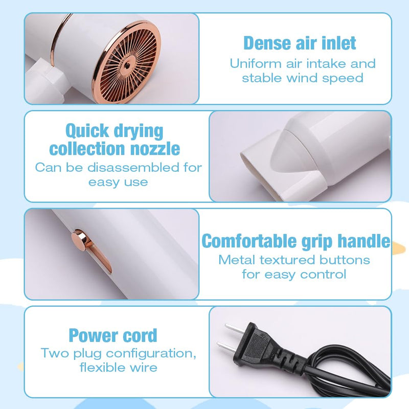 Travel Hair Dryer, Foldable Travel Professional Hair Dryer, Small Blow Dryer with Concentrator, Blow Dryer with Heating and Cool, Fast Drying Ionic Hairdryer for Women, Men, Salon, Home(White)