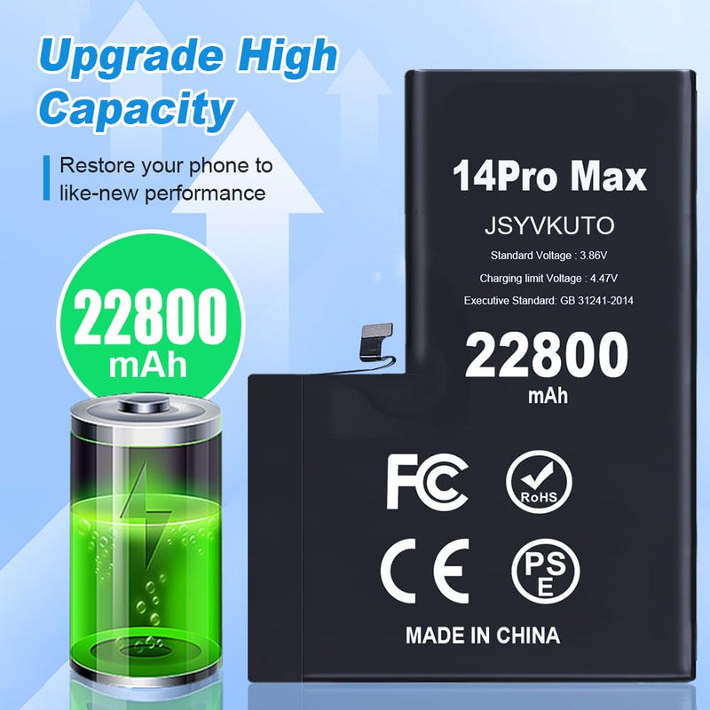 22800mAh Battery for iPhone 14 Pro Max, New 0 Cycle Upgraded Higher Capacity Replacement Battery for iPhone 14 Pro Max with Full Set Repair Tool Kit, Model A2894, A2651, A2893, A2895 14Promax-22800