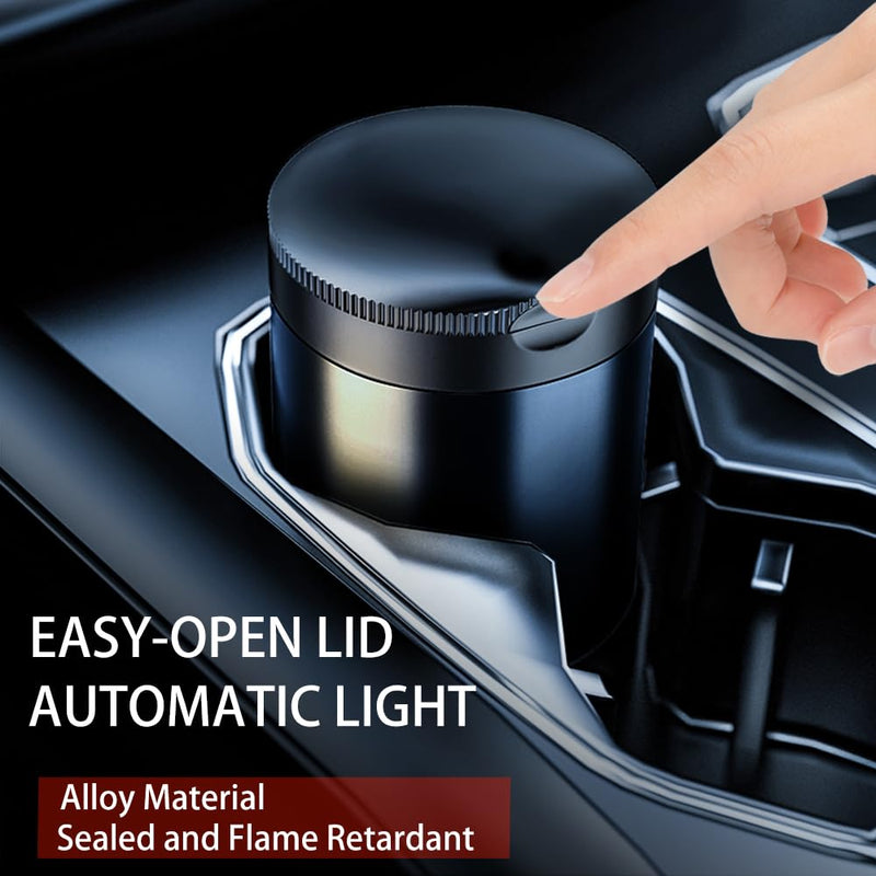 Ashtray with Lid Smell Proof,Smokeless Ashtray for Cup Holder,Cigar Ash Tray,Detachable Stainless Steel Car Ash Tray with LED Auto Light, for Most Car, Office, Home (Black)