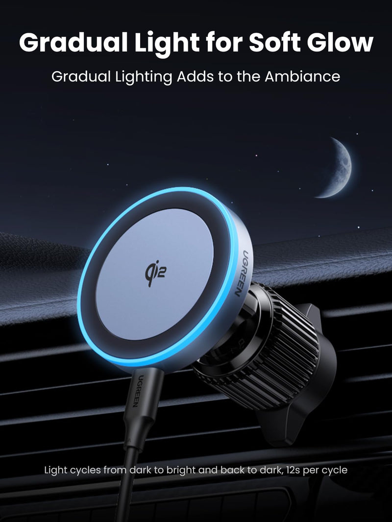UGREEN Qi2 15W Magnetic Wireless Car Charger Mount | Auto-align, Air Vent Mount, LED Lights, Strong Magnetic Car Phone Holder for iPhone 17/16/15/14/13/12 Series and More