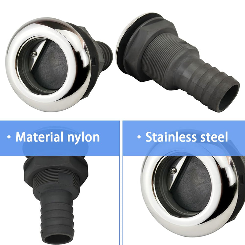 2Pcs Boat Plastic Thru Hull Grey Nylon Join 1 ½-Inch Scupper Valve,Top Cover 316 Stainless Steel Cover,and Equipped with A Water Baffle