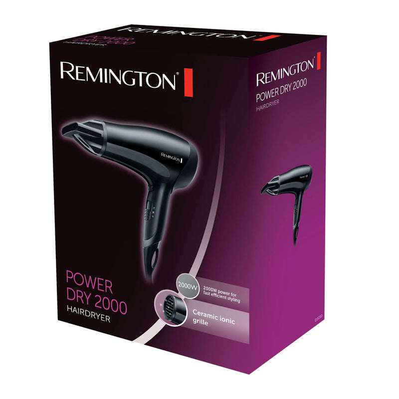 Remington D3010 Power Dry Lightweight Hair Dryer, 2000 W, Black | Three Heat and Two Speed Settings, Eco Setting, Ceramic Ionic Grille, Removable Easy-Clean Grille D3010 Remington Power Hair Dryer