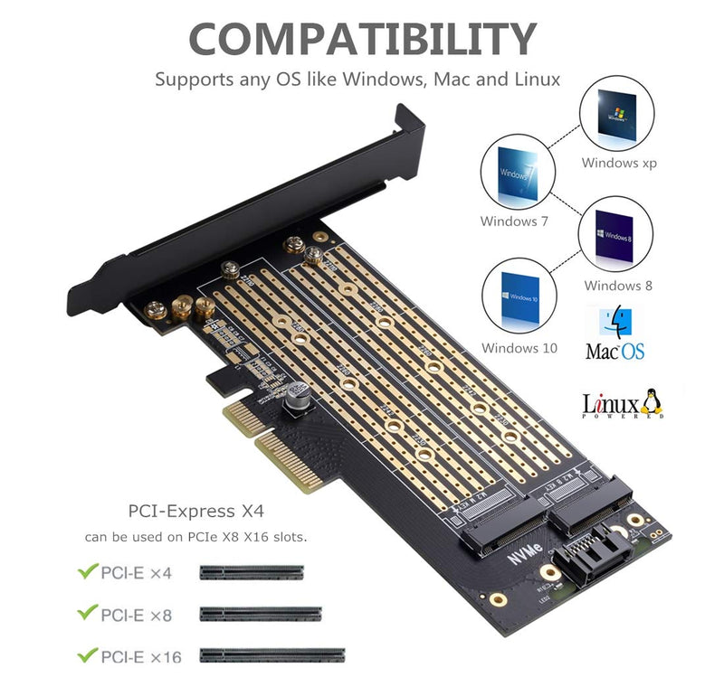 Dual M.2 PCIE Adapter for SATA or PCIE NVMe SSD with advanced heat sink solution,M.2 SSD NVME (m key) and SATA (b key) 22110 2280 2260 2242 2230 to PCI-e x 4 Host Controller Expansion Card