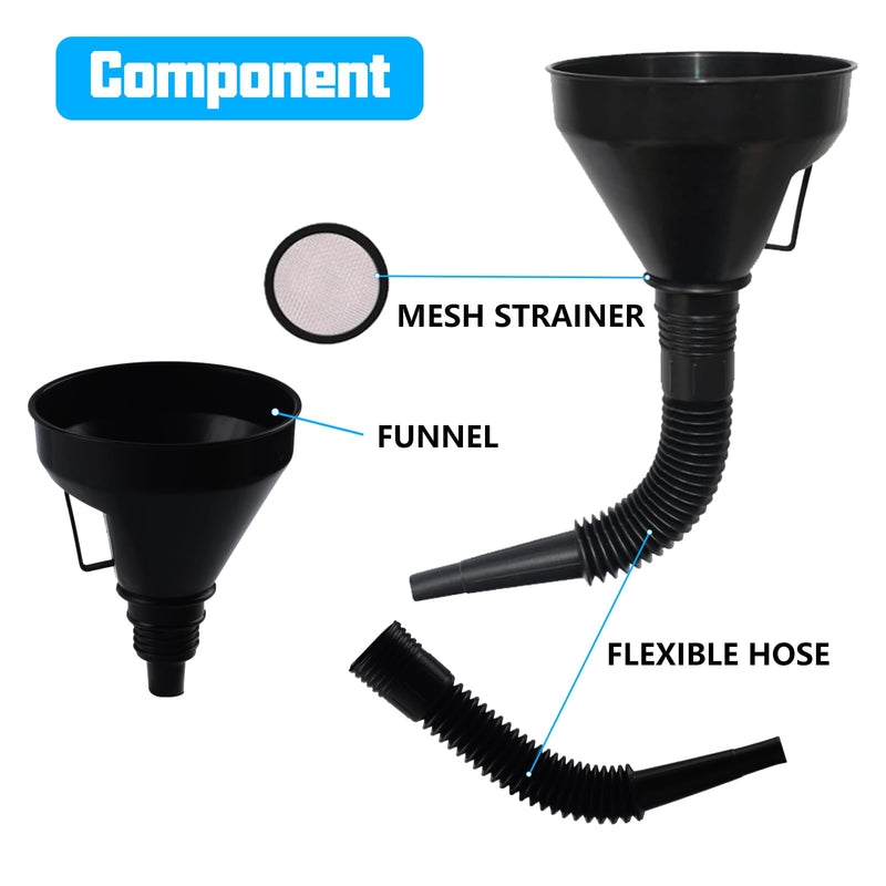 5 Pcs Automotive Funnels Set, Wide Mouth Fuel Funnel, Plastic Long Neck Oil Funnel, Flexible Right Angle Funnels, with Detachable Spout and Filter for Water/Gasoline/Coolant/Engine Oil 5