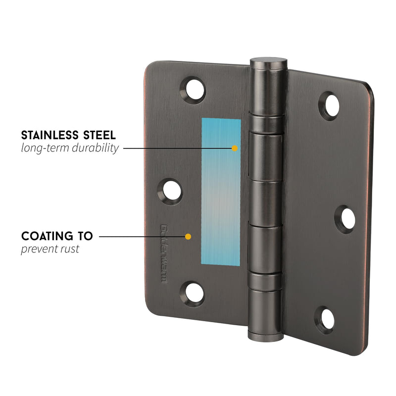 goldenwarm 3 Pack 304 Stainless Steel Door Hinges, Oil Rubbded Bronze Non Removable Pin Heavy Duty Ball Bearing Door Hinges 3.5 Inch, Commercial and Residential Door Hardware, with 1/4 Inch Radius 1/4" Radius Corner Oil Rubbed Bronze
