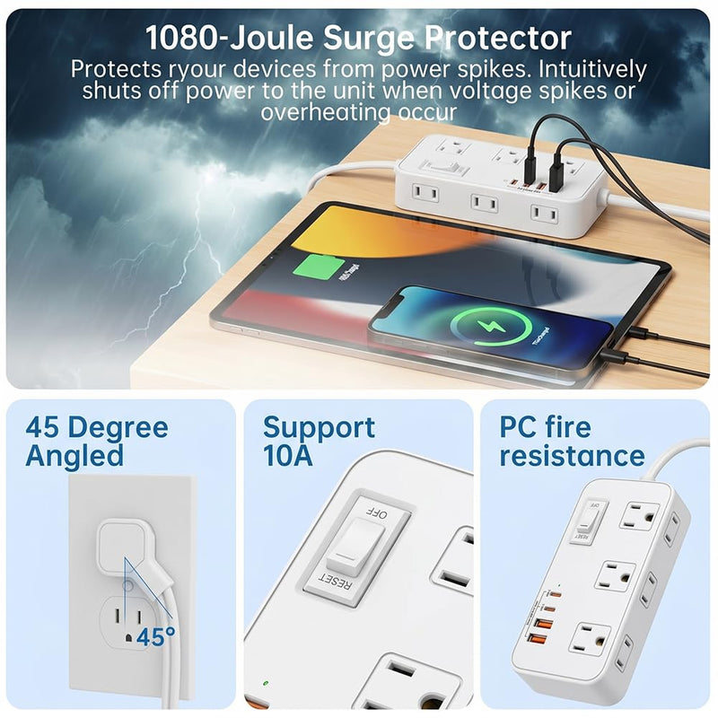 Power Strip with Surge Protector, Outlet Extender,6 AC, 2 USB A,2 USB C Port for 17W Power Strip Charger 5ft Power Cord 1875W 100-250V for Home, Office, Dorm Essential,White