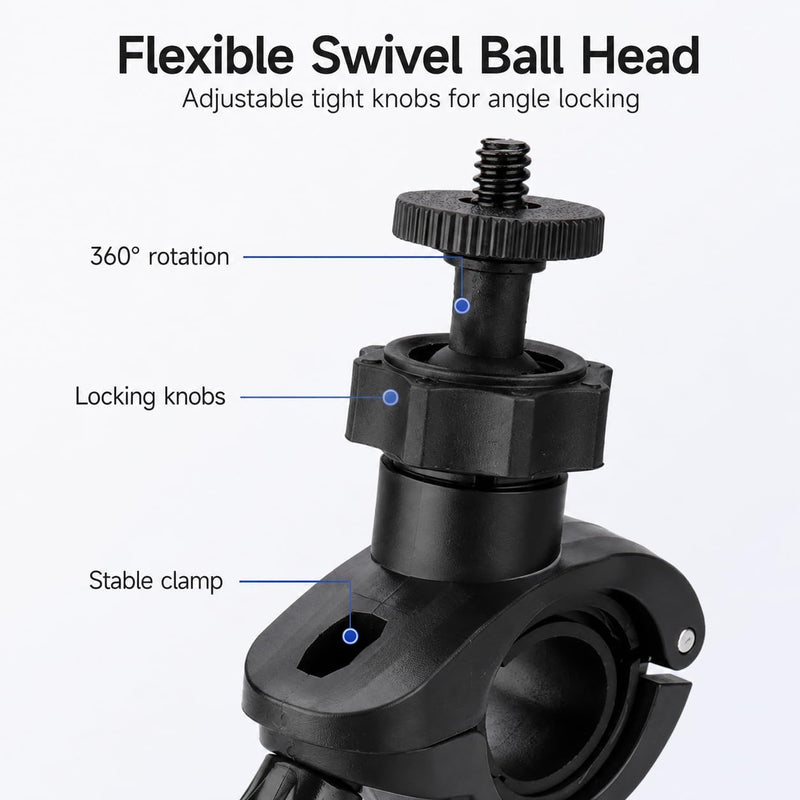 ABS Bike Camera Mount Holder, 1/4 Inch Screw Handlebar Clip Bracket for Action Cameras and Portable Speakers, Adjustable Bicycle Accessory