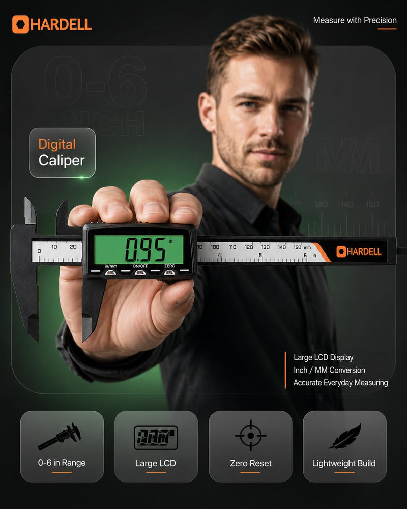 HARDELL Rechargeable Digital Caliper 6", Plastic Calipers with High-Contrast Green Screen (Non-Backlight), Inch/MM, Auto-Off - Everyday Measuring Tool for Woodworking, DIY, Jewelry Making & Household