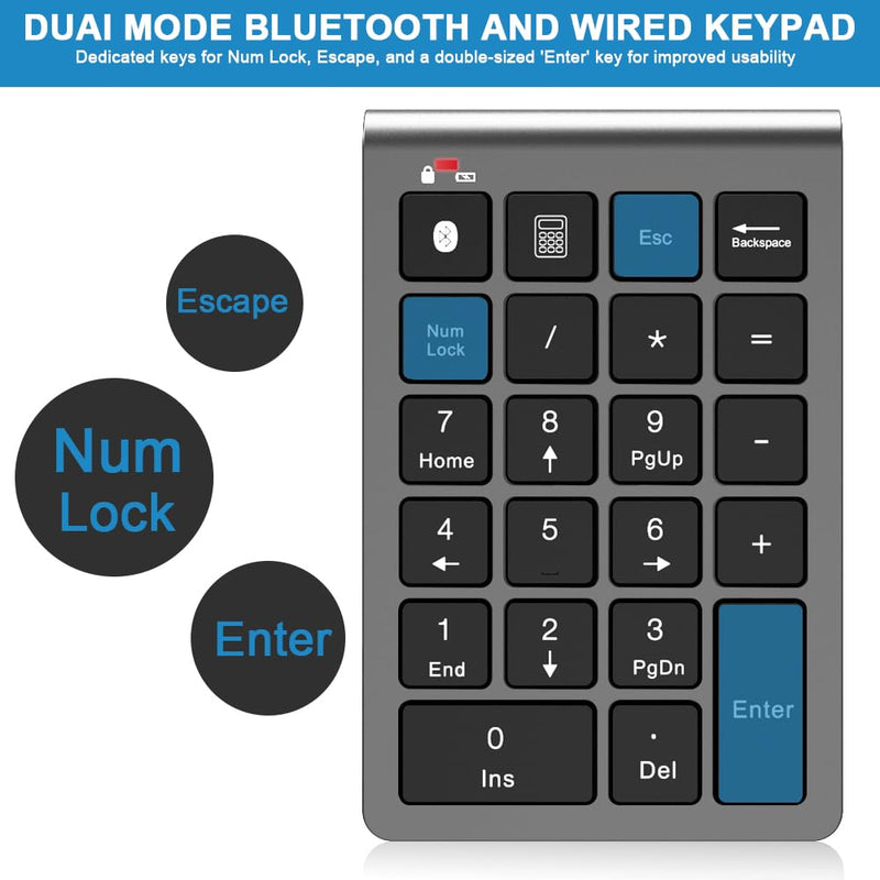 Bluetooth Number Pad Wireless & Wired 10 Key USB Keypad Two in One, Rechargeable Numpad for Laptops, Desktop, Computers Accessories Compatible with MacBook iPads ChromeBook EliteBook Notebook etc. Metal Grey