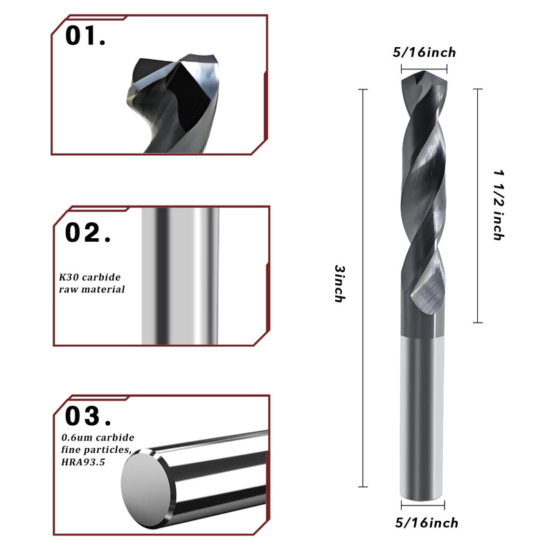 5/16 Carbide Drill Bit: Max 700 Holes for Hardened Steel Stainless Steel Hot Working Steel Metal CNC Tungsten Solid Carbide TiAlSi Coating Jobber Drill Bits 135° Point Angle TiALSi Coating （Black） 5/16 in