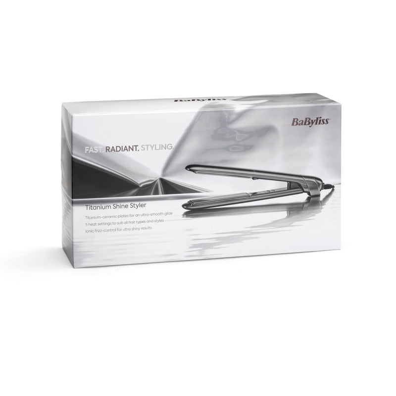 BaByliss Titanium Shine Hair Straighteners - Titanium-Ceramic Smooth-Glide Technology, 5 Heat Settings 150-230°C, Worldwide use, Metallic Grey, ST620U NEW