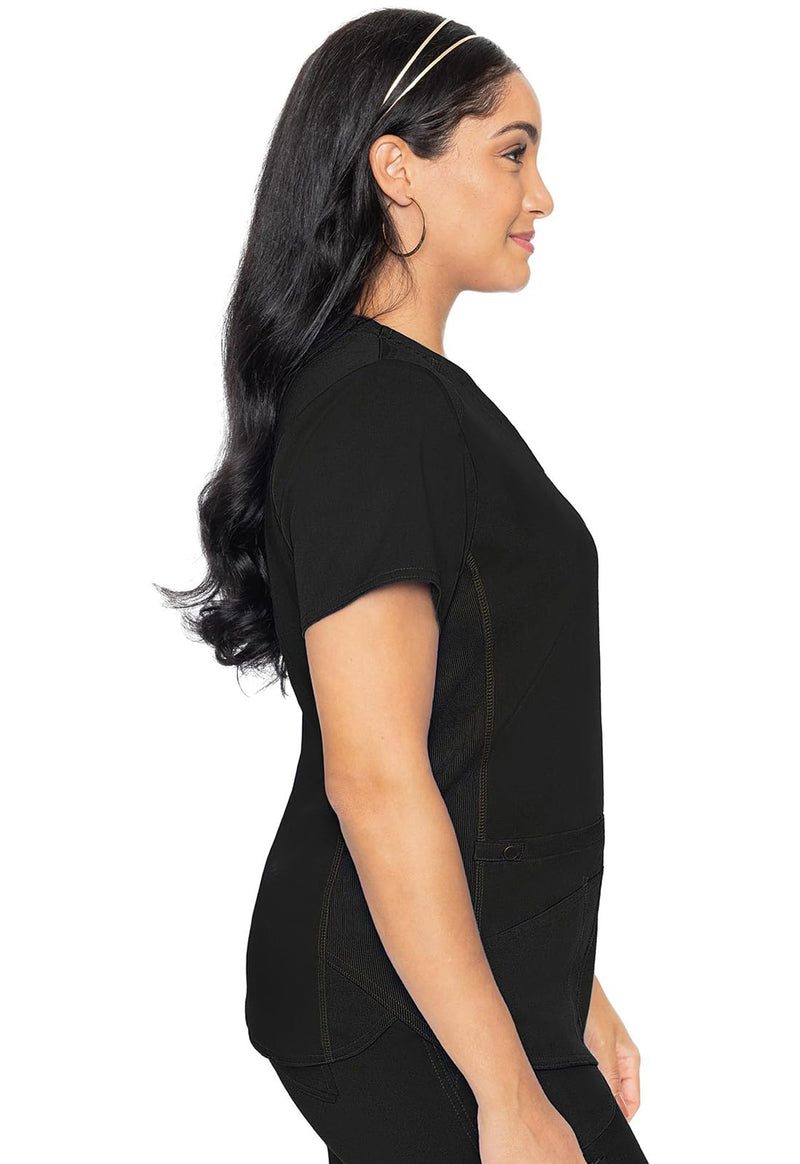Med Couture V-Neck Scrub Top for Women with 4 Pockets, Rib-Knit Side Panel, and Shirttail Hem MC7459 Medium Black