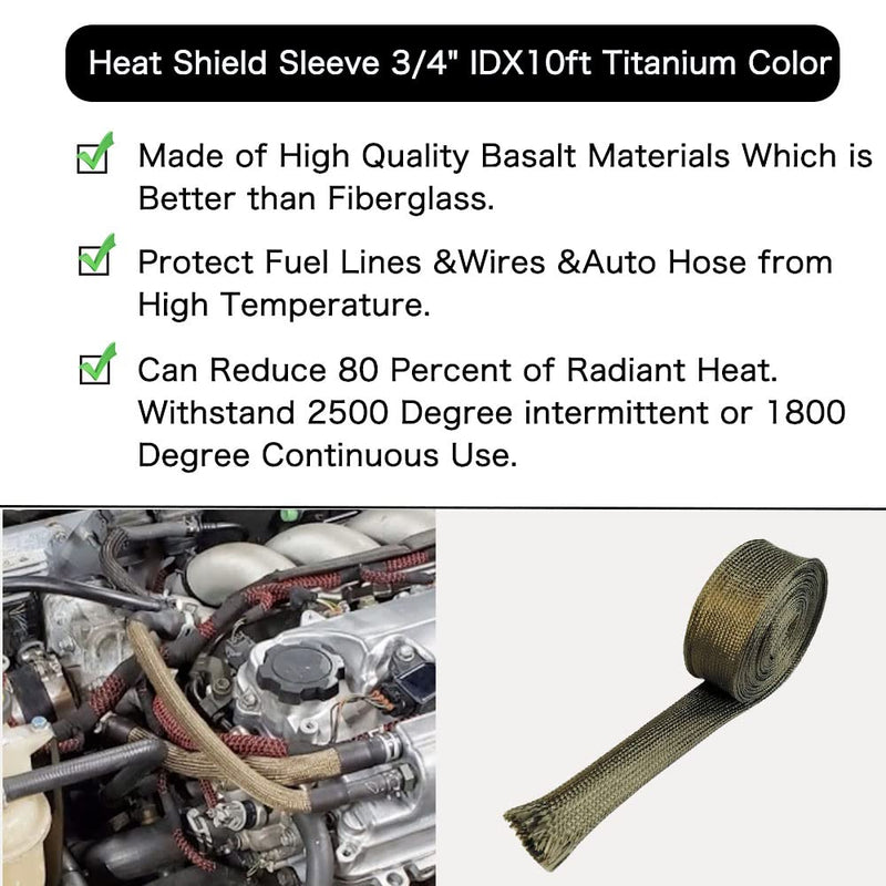 Titanium Wire Heat Shield Sleeve Fuel Line Auto Hose Spark Plug Wire Heat Shield 3/4" IDX10' Boots Protectors Roll 2500 Degree for Car&Auto Wire Loom Brake Cable Titanium 3/4" IDX 10Ft