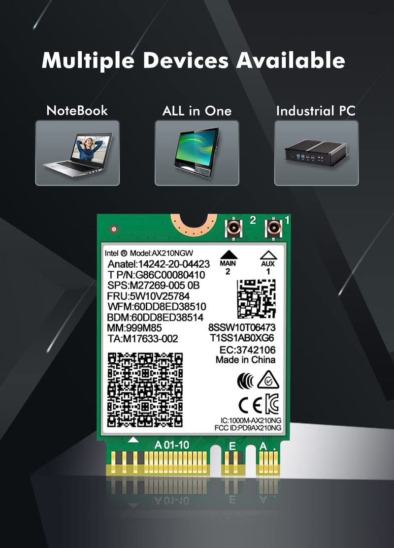 WiFi 6E Wireless Card Intel AX210 NGW Bluetooth 5.3 Tri-Band 5400Mbps Network Adapter for Laptop Support Windows 10/11 (64bit) M.2/NGFF