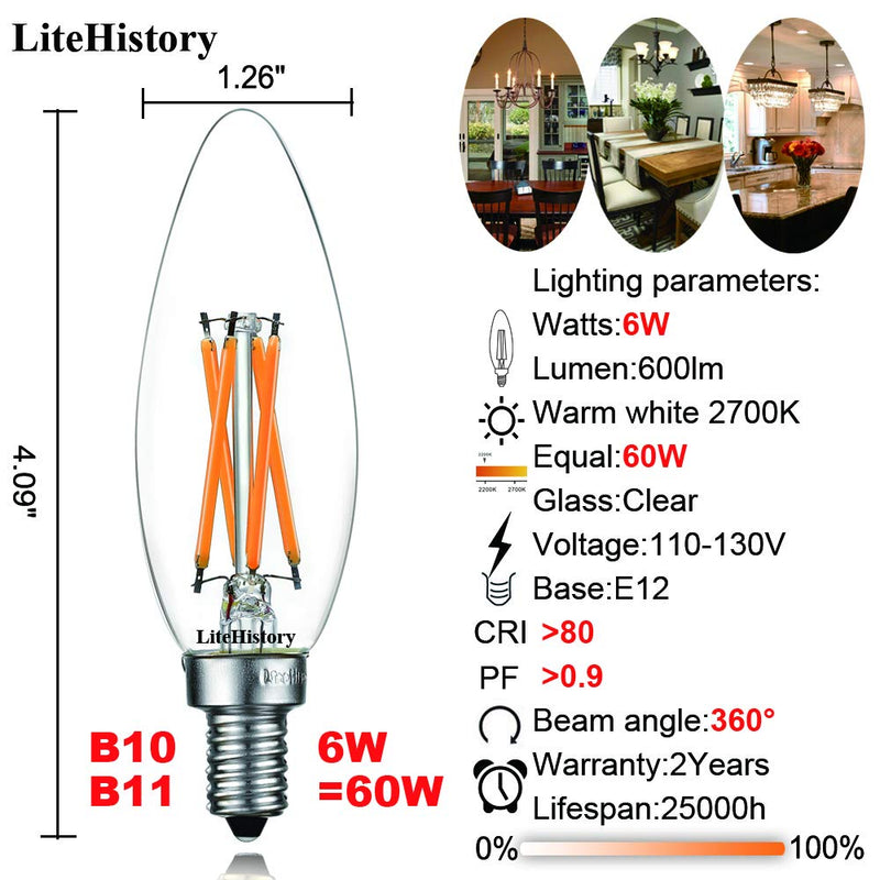 LiteHistory E12 led Bulb Dimmable 6W Equal 60 Watt LED Light Bulbs 2700K AC120V Edison Bulb B10 B11 Candelabra Bulbs for Chandelier and Ceiling Fan Light Bulbs 600LM e12 Bulb 12Pack Blunt Tip 2700k 12pack