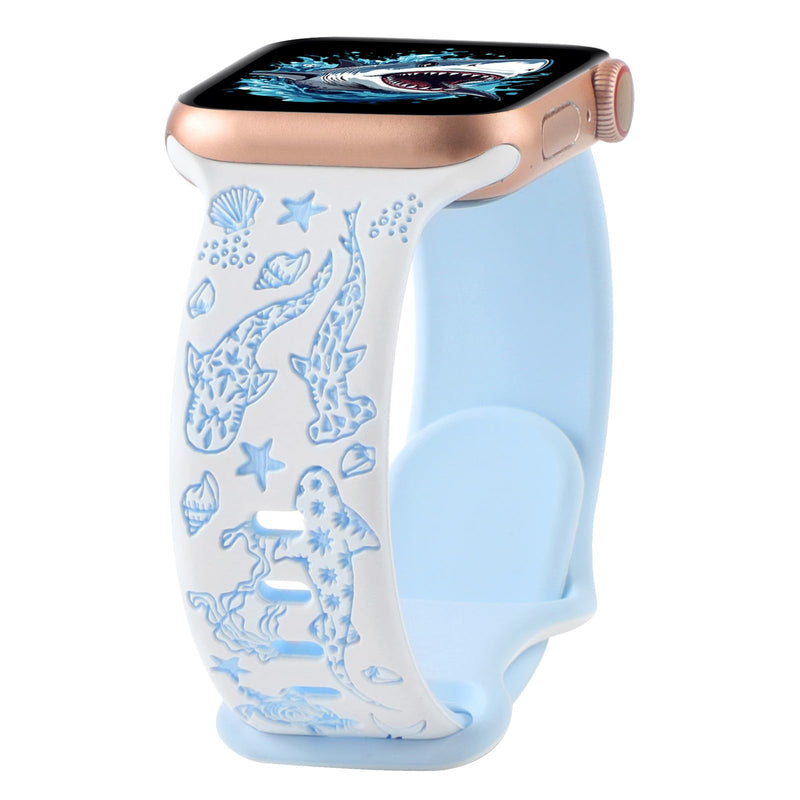 Engraved Shark Double Color Silicone Band Compatible with Apple Watch 38mm 40mm 41mm 42mm 44mm 45mm 46mm 49mm Cute Fancy Laser Sport Strap Compatible for iWatch Series SE Ultra 11 10 9 8 7 6 5 4 3 2 1 White/Blue 38mm/40mm/41mm/42mm(Series 11 10)