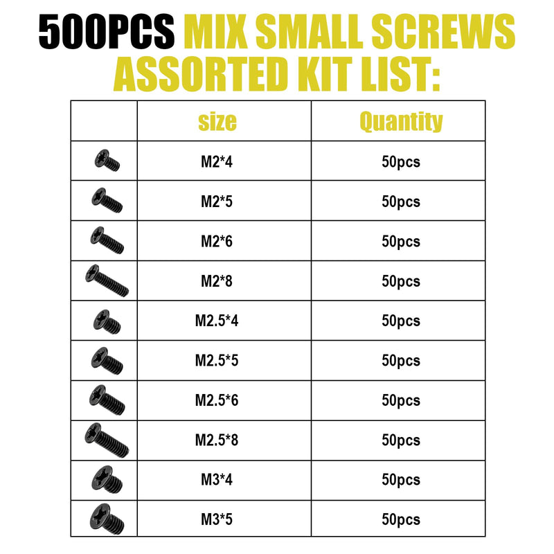 XIHIRCD 500pcs Laptop Repair Screws Kit, 10 Sizes M2 M2.5 M3 Carbon Steel Precision Flat Head Phillips Machine Screws Assortment for SSD Motherboard Notebook & Electronics Repair (Black)