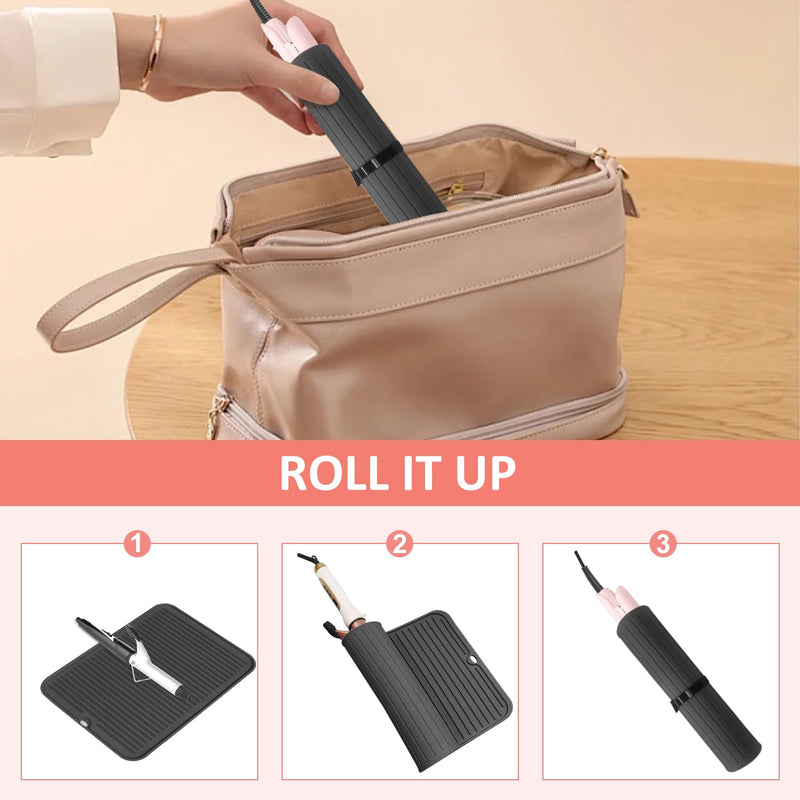  [AUSTRALIA] - Heat Resistant Mat Large Silicone Hot Hair Tools Mat for Curling Irons Flat Iron Hair Straightener Portable Hair Styling Tools Hot Pad Cover Black