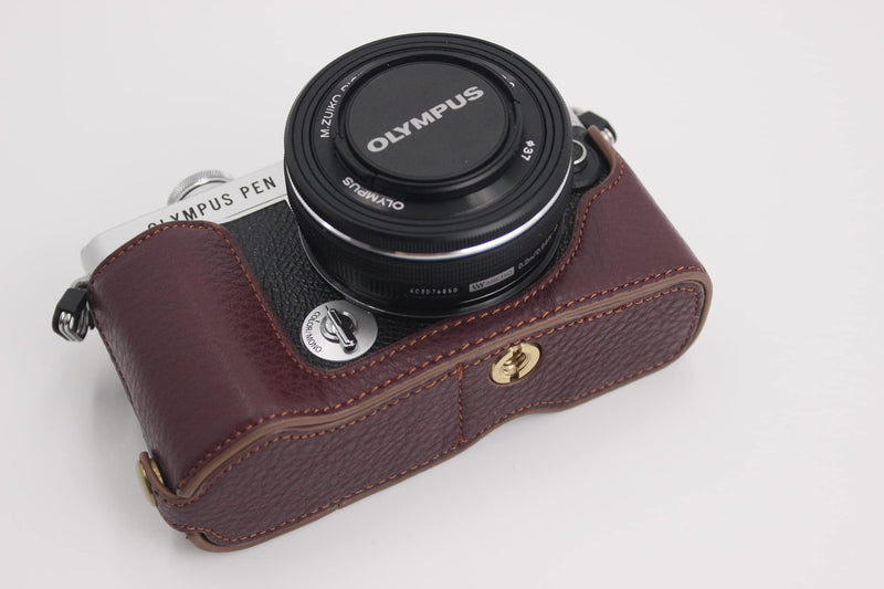 E-P7 Case, BolinUS Handmade Genuine Real Leather Half Camera Case Bag Cover for Olympus Pen E-P7 EP7 Bottom Opening Version + Hand Strap (Coffee) Coffee