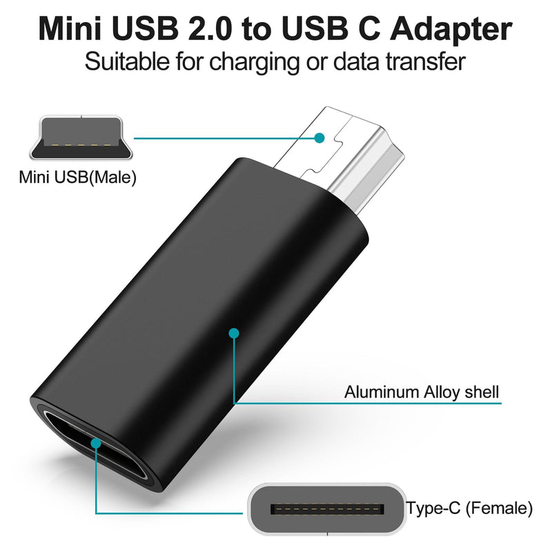 USB C to Mini USB Adapter, 4 Pack USB Type Female to Mini USB 2.0 Male Converter Connector Supports Charge & Data Sync Compatible with GPS Receiver, Digital Camera, Dash Cam, MP3 Players etc, Black