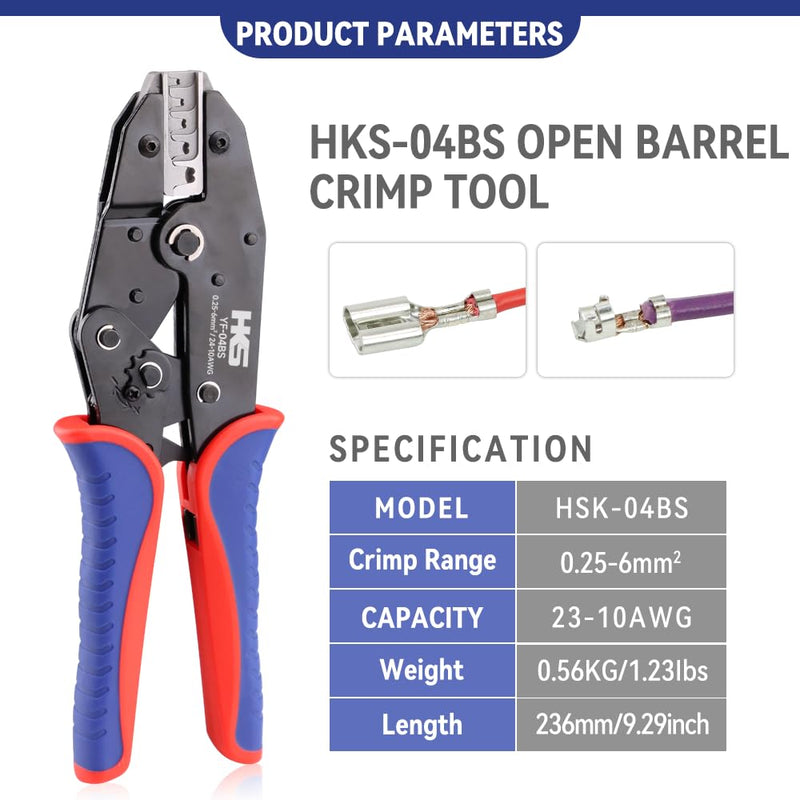 HKS Crimping Tool for Non-Insulated Open Barrel Terminals -for JST Molex TE Connectors - AWG 24-10 (0.25-6mm²) with Chrome-Moly Steel Wire Cutting Jaw - YF-04BS