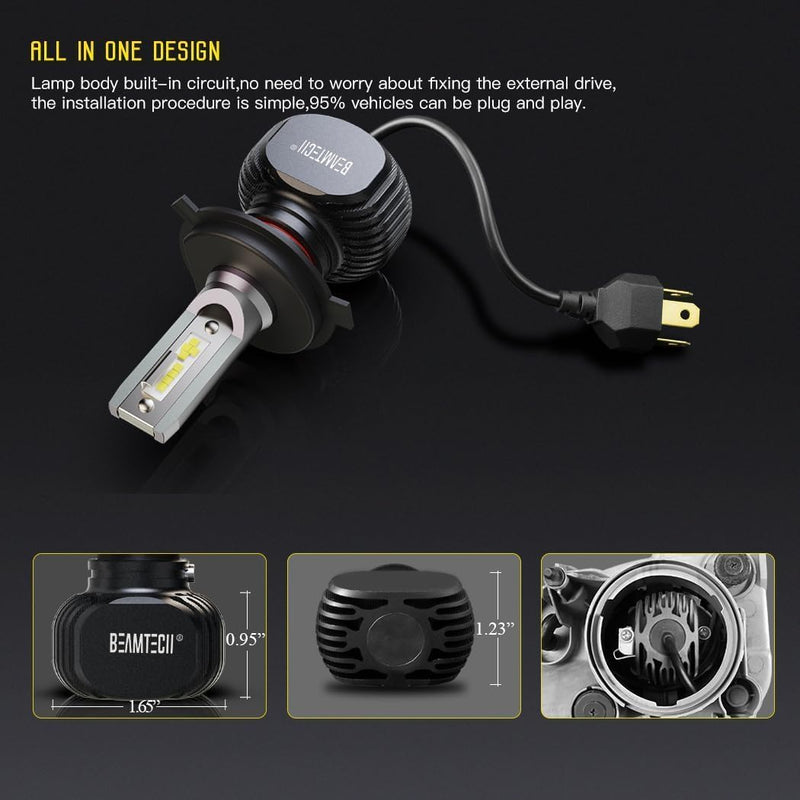 BEAMTECH H-4 Bulbs, S1 Series 900-3 Fanlsess 300% Brighter 6500K White Fog Light, 2 Bulbs H4(9003)