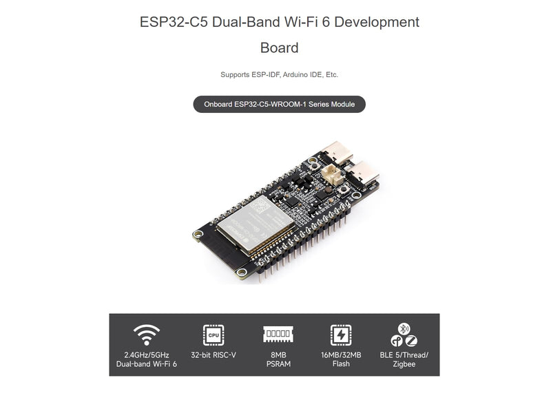 waveshare ESP32-C5 Development Board Wi-Fi 6 Devkit with pre-soldered Header Based on ESP32-C5-WROOM-1 Series Module,240MHz and 5GHz Dual-Band,32MB Flash and 8MB PSRAM,with Built-in Antenna