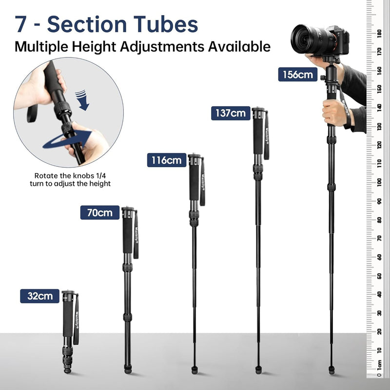 A-888 Camera Monopod, Length 32cm - 156cm, Aluminum Monopods for Cameras 7 Sections, Compact Travel Portable Selfie Stick for DSLR Smartphone Concert Festival