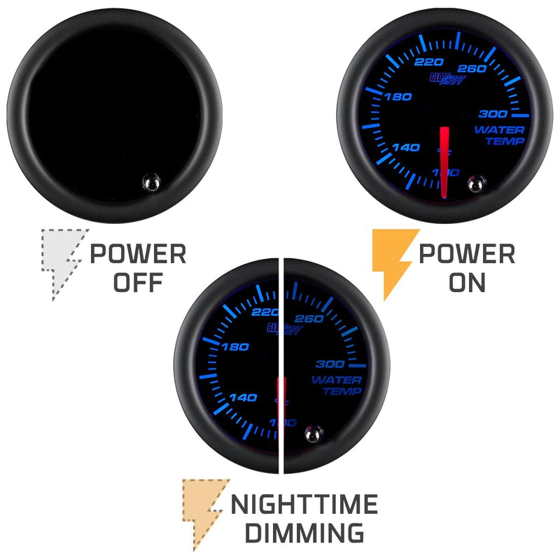GlowShift Tinted 7 Color 300 F Water Coolant Temperature Gauge Kit - Includes Electronic Sensor - Black Dial - Smoked Lens - for Car & Truck - 2-1/16" 52mm