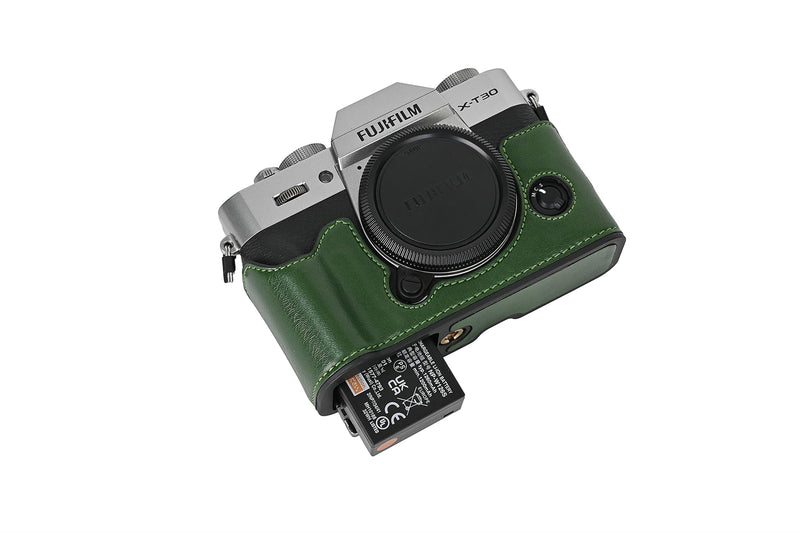 X-T30 Case, BMAOLLONGB Handmade PU Leather Half Camera Case Bag Cover Bottom Opening Version for Fujifilm X-T30 XT30 with Neck Strap Mini Storage Bag (Green) Green