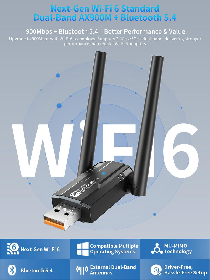 USB Wireless Network Adapter for PC/Laptop, AX900Mbps USB WiFi 6 Adapter Supports 2 x 5dBi Antenna Supports Bluetooth 5.4 Dual Band 2.4/5GHz, 802.11ax, WPA3, Supports Windows 11/10/8.1/8/7