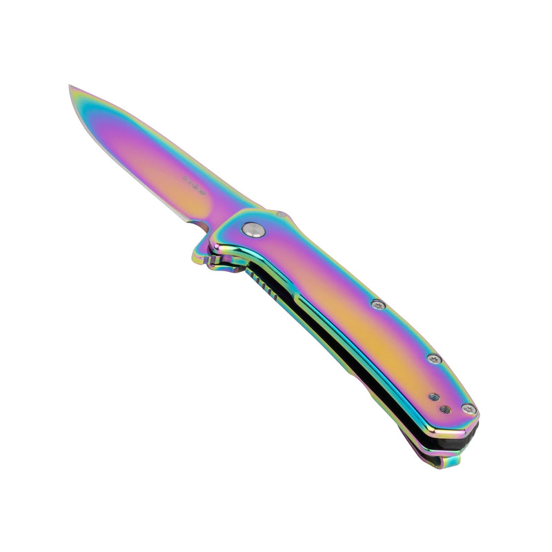 Kershaw Outcome Pocket Knife, Silver, 2.8 Inch Stainless Steel Drop Point Blade, EDC with Assisted Opening, Reversible Pocketclip, Everyday Carry Pocket Knife for Men and Women Rainbow