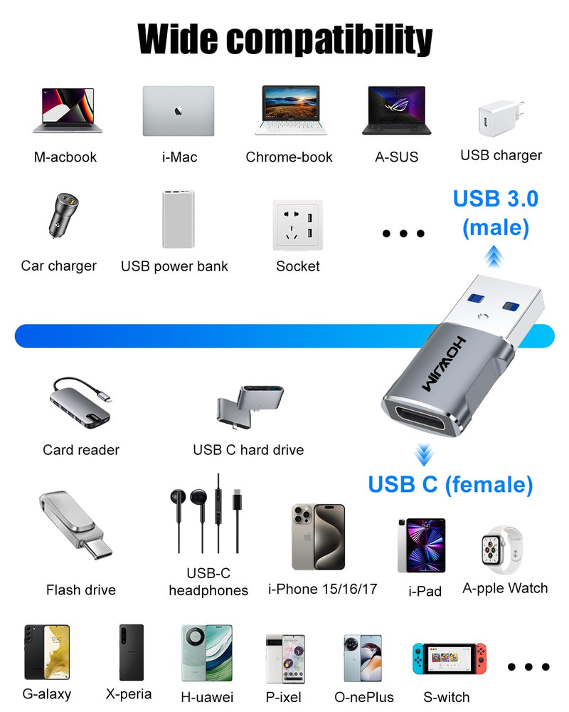 USB to USB C Adapter 2 Pack,USB C Female to Male Adapter OTG Adapter | Fast Charging 5Gbps Data Transfer,for Pad Pro Phone 15/16/17 Ga-laxy Smartphone Laptop Tablet Type-C device Gray