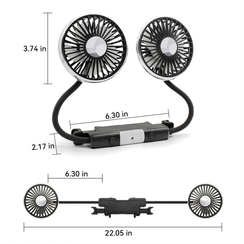 Car Fans for Backseat for Kids Baby Back Seat Carseat Headrest Rear Facing | 360° Flexible Hose 3-Speed USB Powered Dual Head Cooling Fan with Dual-Level LED Light for No AC Passengers (No Battery)