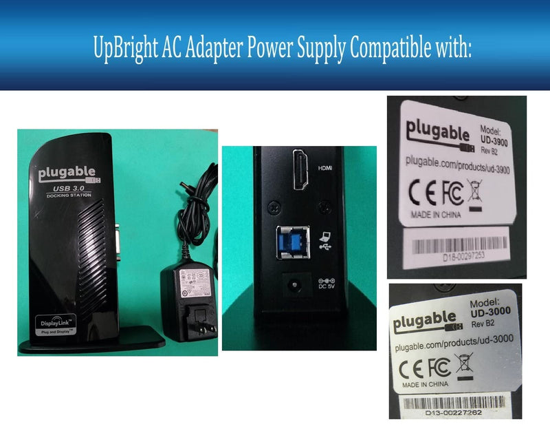 UpBright 5V AC/DC Adapter Compatible with Plugable UD-3000 UD-3900 UD-5900 UD3000 UD3900 UD5900 Pro 8 UD-PRO8 USB3.0 Dual Monitor Video Docking Station USB 2.0 10 Port Hub 5VDC 4A Power Supply Charger